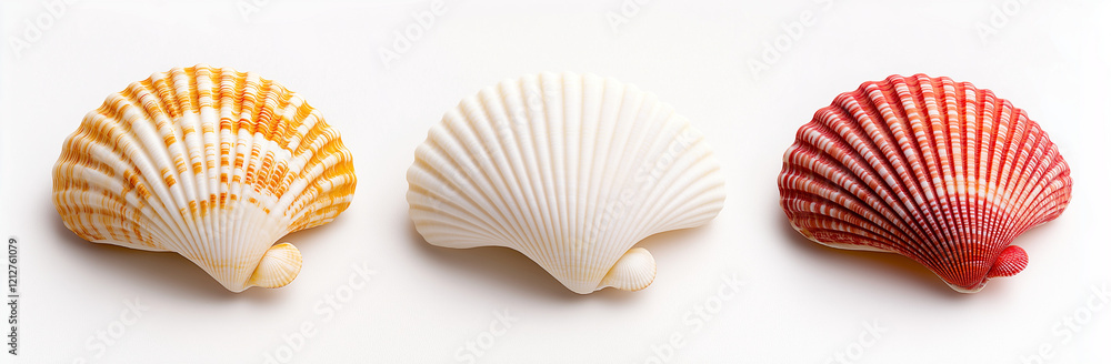 Poster beautiful close up of three seashells in varying colors and patterns, showcasing their unique textur