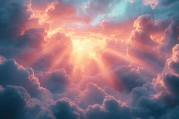 Fototapeta premium rays of divine light breaking through clouds, ethereal atmosphere, soft ethereal colors, heavenly composition