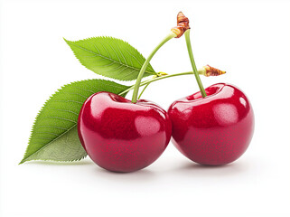 Fresh cherries with vibrant red color and green leaves on white background create delightful and appetizing scene. Perfect for food related themes