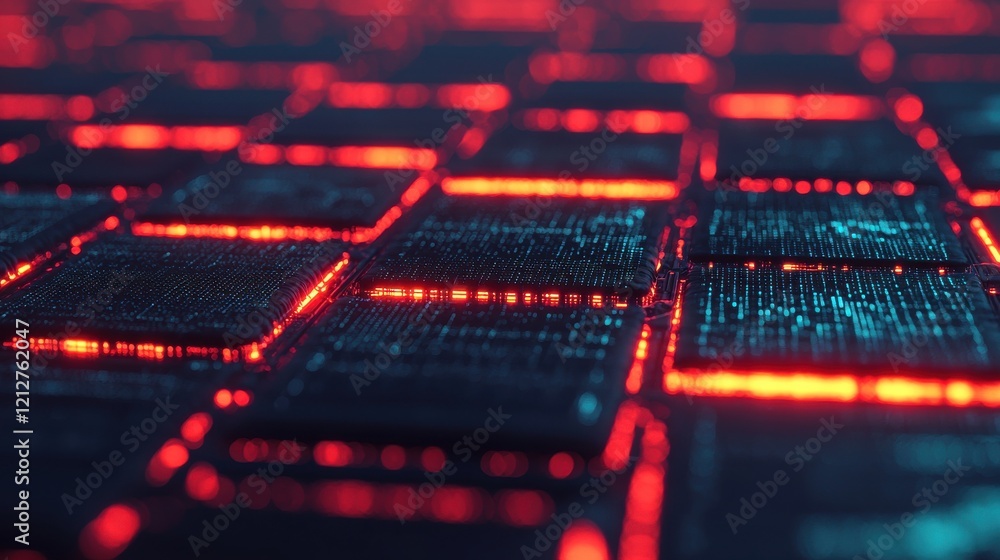 Poster a close-up view of a digital grid with glowing red and blue lights, resembling a futuristic technolo