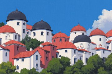 Obraz premium A painting of a row of red and white buildings with domes on top