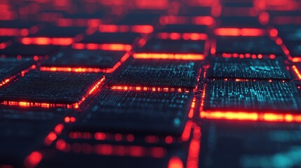 A close-up view of a digital grid with glowing red and blue lights, resembling a futuristic technology or data visualization.