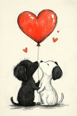 Black and white dogs sharing romantic moment beneath red heart.
