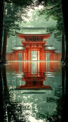 Cinematic Japanese Shrine Path with Red Torii Gate, Magical Sunlight, and Floating Light Particles