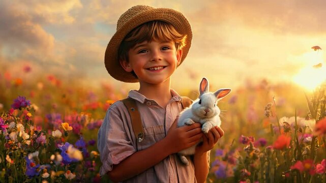 A smiling young boy in a straw hat holding a white rabbit in a colorful wildflower field, bathed in warm golden sunlight, radiating innocence and happiness