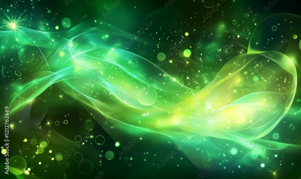 Poster vibrant abstract background featuring flowing lines and glowing dots in shades of green, creating se