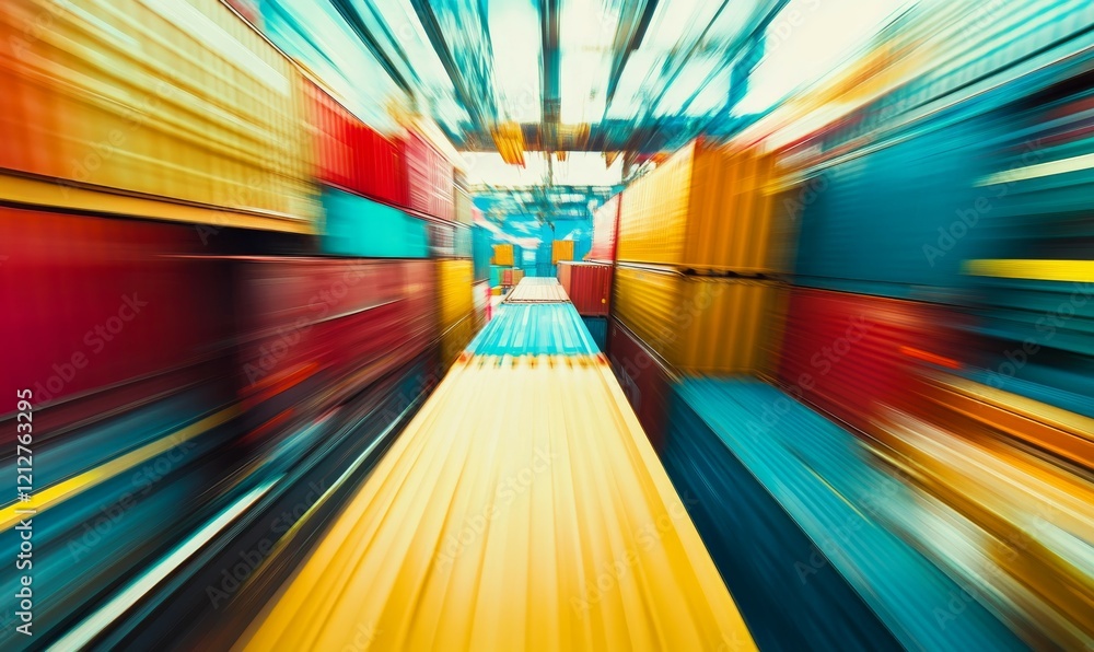 Poster vibrant cargo containers in motion create dynamic scene of import export processes, showcasing energ