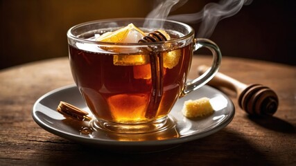 A steaming cup of tea with honey, lemon, and sugar on a wooden table.