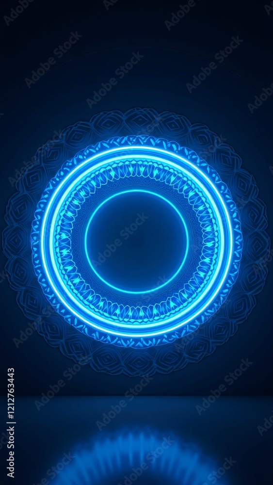 Poster a mesmerizing, glowing blue circle with intricate patterns and a subtle reflection