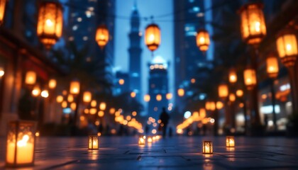 Magical Night Street with Glowing Lanterns and Cityscape Background