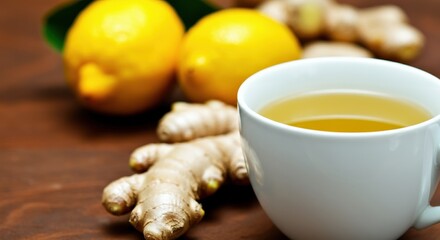 Fototapeta premium Fresh ginger tea with lemon, promoting health and wellness