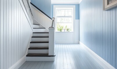 Obraz premium White beadboard or wainscoting with light blue wall paint