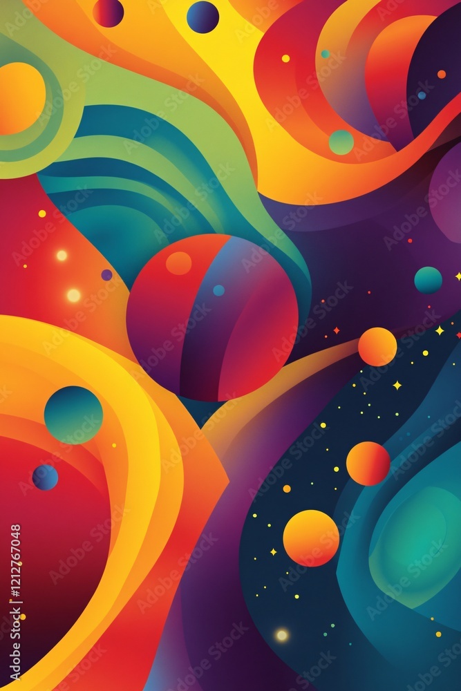Poster colorful abstract universe with planets and stars floating in space
