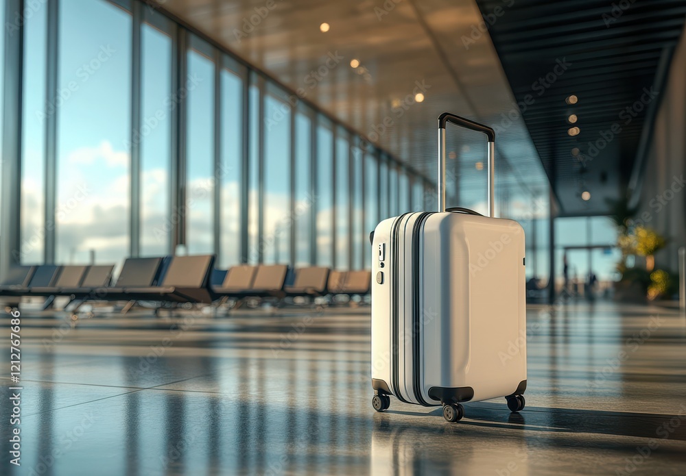 Poster sleek white suitcase on polished airport terminal floor with modern architecture and large windows s