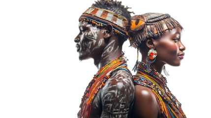 African couple wearing traditional clothing and jewelry posing in a transparent background.