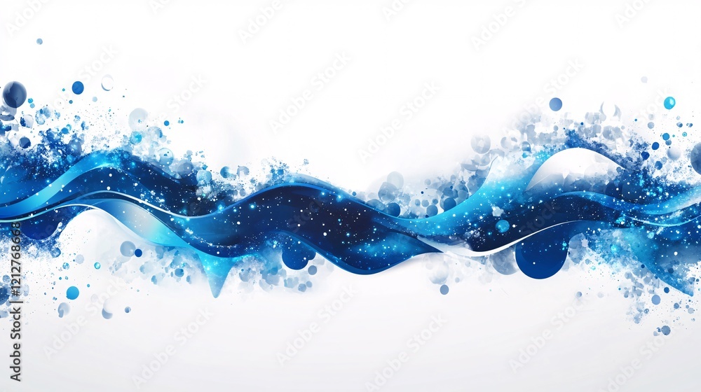 Poster abstract blue wave flowing with particles and glittering stars on white background