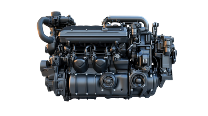 Modern, powerful diesel engine isolated on a transparent background, showcasing its intricate components and robust design