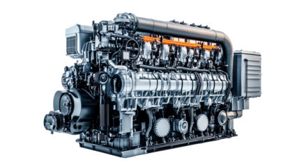 Modern, powerful diesel engine isolated on a transparent background, showcasing its intricate components and robust design