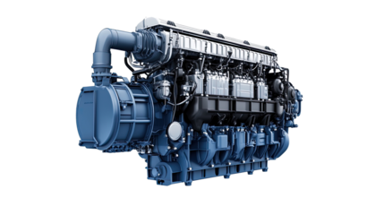 Modern, powerful diesel engine isolated on a transparent background, showcasing its intricate components and robust design