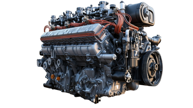 Modern, powerful diesel engine isolated on a transparent background, showcasing its intricate components and robust design