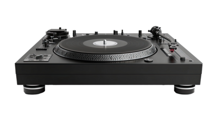 Professional dj turntable playing vinyl record on transparent background