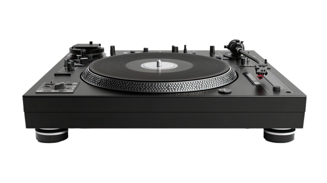 Professional dj turntable playing vinyl record on transparent background