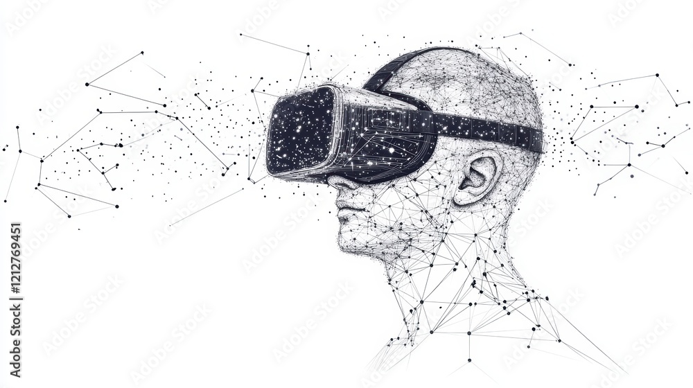 Poster man using virtual reality headset in a modern indoor environment with immersive digital experience