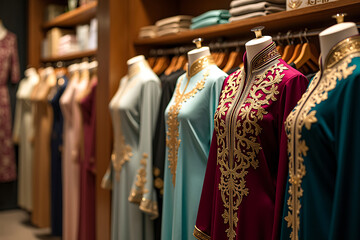 Elegant Islamic clothing with intricate embroidery displayed in a boutique with soft lighting