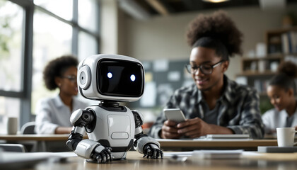 A small robot sits at a table among students