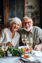 A couple is sitting at a table with wine glasses and a plate of food