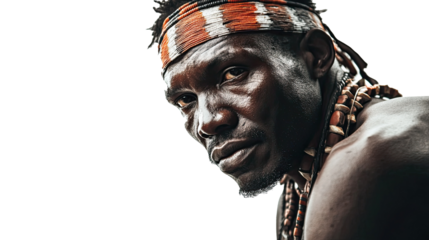 Indigenous african tribal leader wearing traditional headdress posing on transparent background