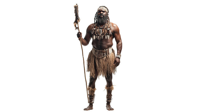 Studio shot of muscular african warrior wearing traditional tribal clothing and accessories against transparent background