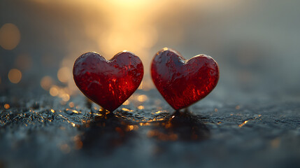 Obraz premium A pair of heart-shaped red earrings lying on a flat background