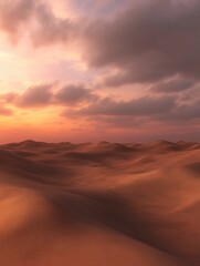 A sweeping desert landscape with dunes tinted in Mocha Mousse tones under a vibrant sunset sky, photorealistic and immersive