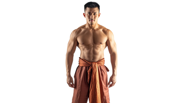 Muscular thai man posing with traditional cloth on transparent background