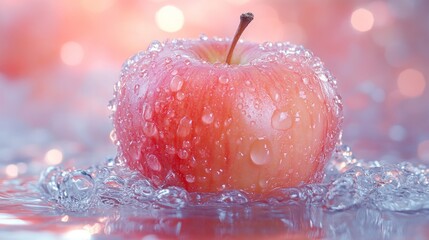 Red apple with water droplets on an icy surface