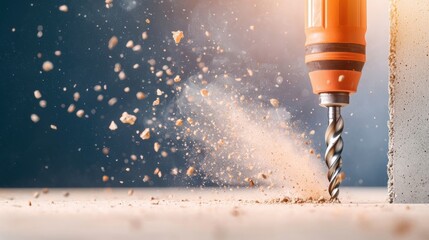 drill bit penetrating concrete, creating dust and debris in dynamic scene. powerful tool showcases its effectiveness in construction work. businesswoman digital lifestyle