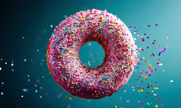 A vibrant pink frosted donut with colorful sprinkles floats against a blue background, surrounded by a flurry of colorful confetti.