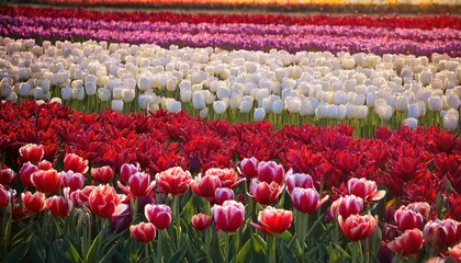 Colorful tulip fields stretch across the landscape, showcasing nature's beauty in springtime.