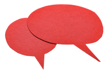 Two red blank cut out cardboard paper speech bubbles with rough edges and copy space for text on transparent png background design element