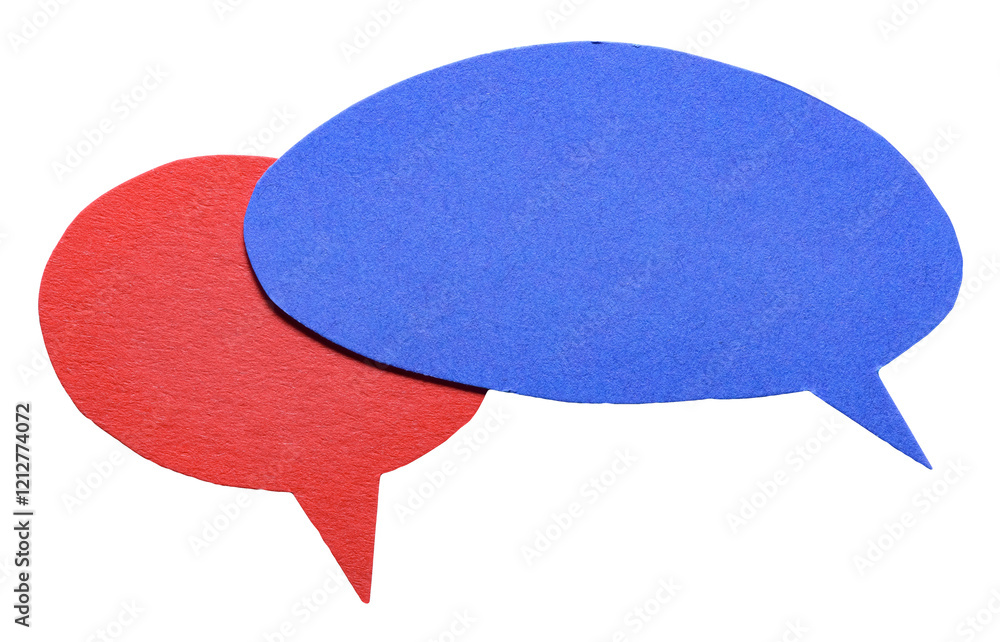 Aufkleber red blue blank cut out cardboard paper speech bubbles with rough edges and copy space for text on tr