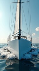 Fototapeta premium A sailboat glides through the water, its sails billowing in the wind