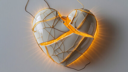 A cracked ceramic heart being pieced back together with golden threads (kintsugi-inspired). Each thread glows softly, radiating warmth, symbolizing the beauty of healing.
