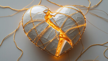 A cracked ceramic heart being pieced back together with golden threads (kintsugi-inspired). Each thread glows softly, radiating warmth, symbolizing the beauty of healing.
