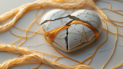 A cracked ceramic heart being pieced back together with golden threads (kintsugi-inspired). Each thread glows softly, radiating warmth, symbolizing the beauty of healing.
