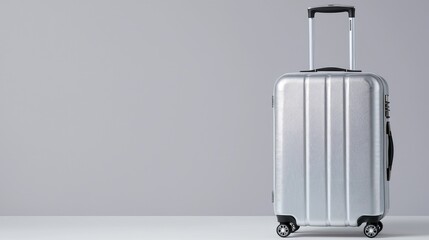 Silver suitcase on gray background, ready for travel