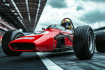 High-speed racing car on lit-up track during motorsport event, generative AI