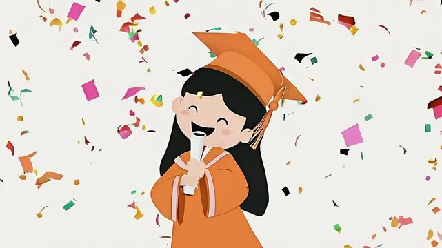 Video of a cute cartoon girl wearing orange graduation gown holding a diploma celebrating graduation with confetti