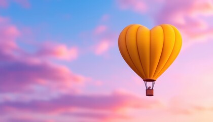 Fototapeta premium A heart-shaped hot air balloon floats against a colorful sunset sky.