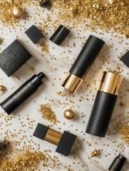 Obraz premium An elegant flat lay of modern matte black and gold cosmetic: mascara, lipstick, eyeshadow palette, marble background